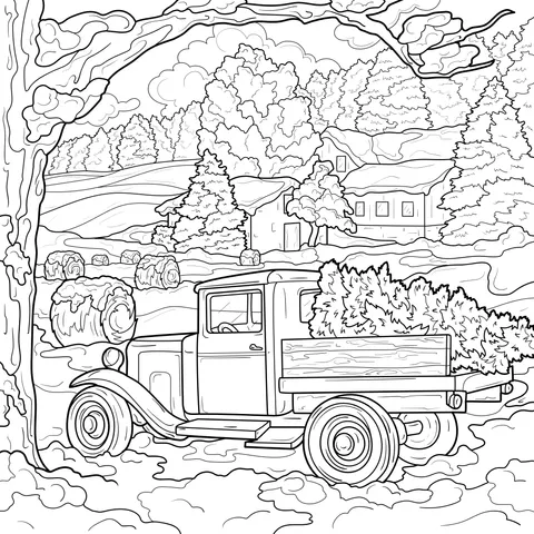 Red Truck and Christmas Tree in a Winter Countryside