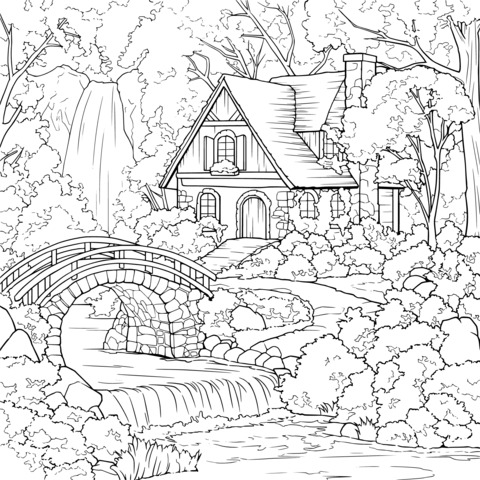 Autumn Cottage Landscape Coloring Page