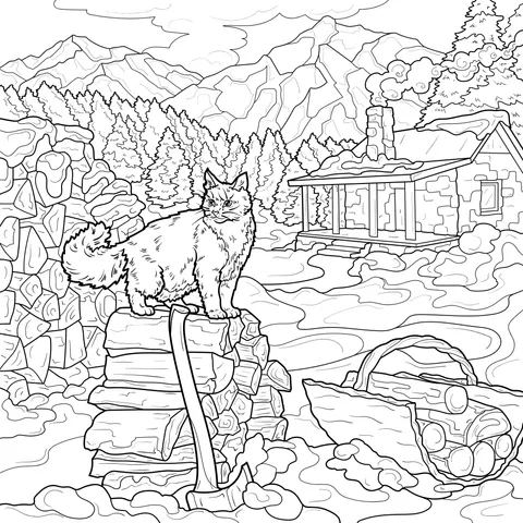 Cat beside the Winter Cabin