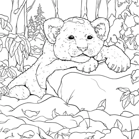 A little lion resting in the snowy forest