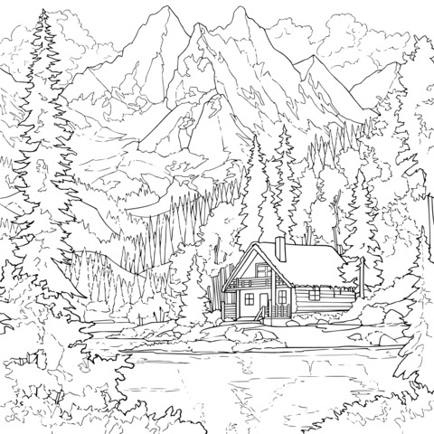 Autumn Mountain Cabin Scenery Coloring Page