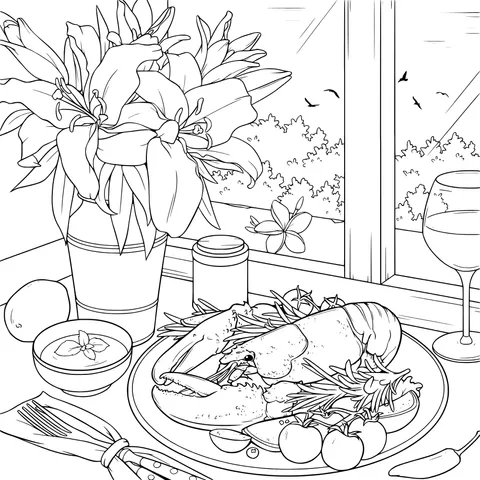 Delicious Food and Flowers by the Window