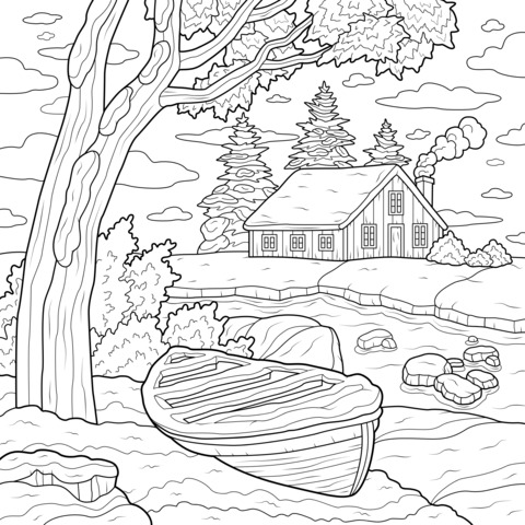 Winter Snow Scene Coloring Page: Red Boat and Cottage by the Quiet Lake