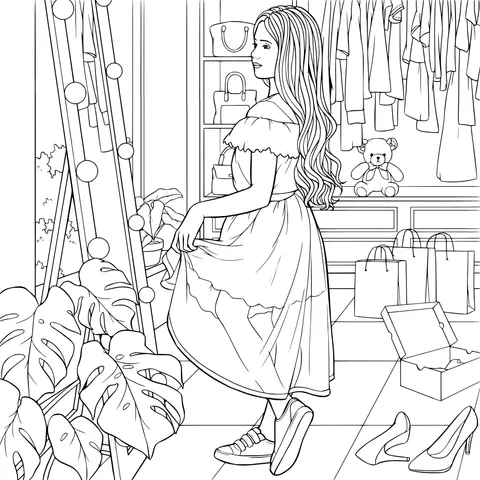 Girl trying on a new dress in front of the wardrobe
