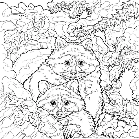Mother and Baby Raccoons in a Cave