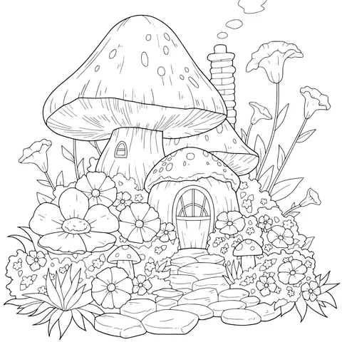 Mushroom House and Flowers