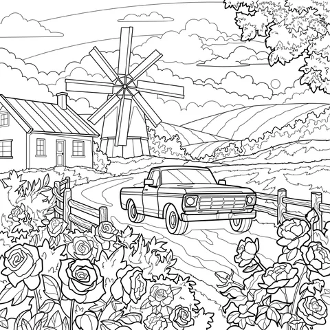Rural Windmill and Pickup Truck