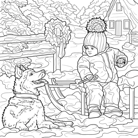 Little Girl and Dog by the Sled in Winter