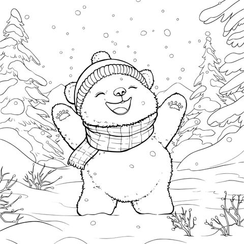 Joyful Polar Bear in Winter Snowscape Coloring Page