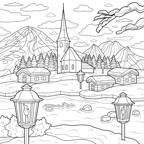 Winter Mountain Village Landscape Coloring Page