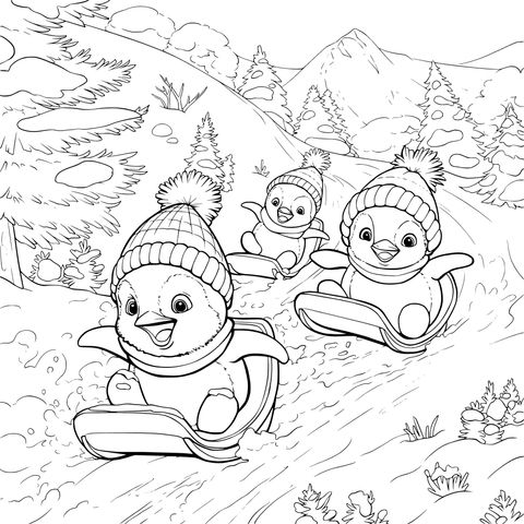 Three Penguins Joyfully Sledding Coloring Page