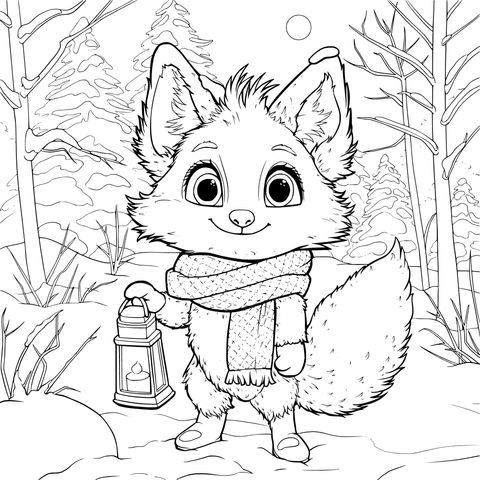 Adorable Fox with Lantern in the Snow Coloring Page