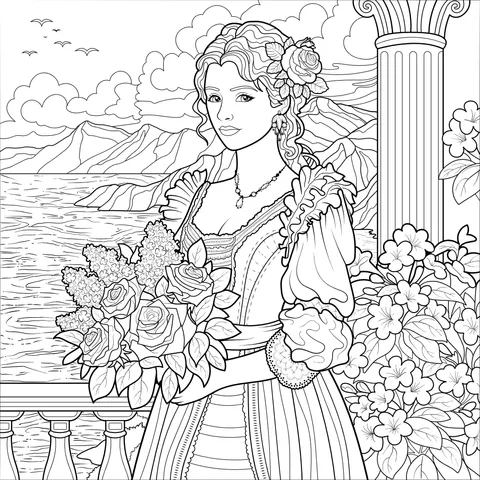 Woman in Classical Attire Holding Flowers