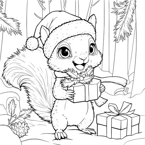 Adorable Squirrel Christmas - themed Coloring Page