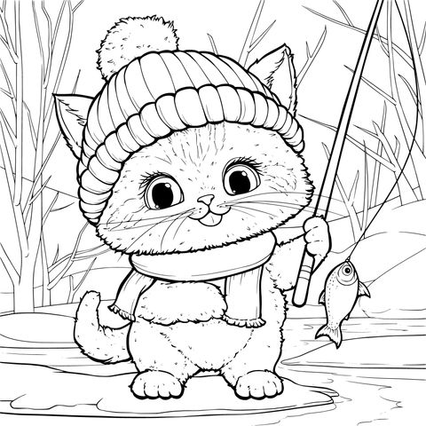 Dibujo para Colorear de un Lindísimo Gatito Pescando en Invierno