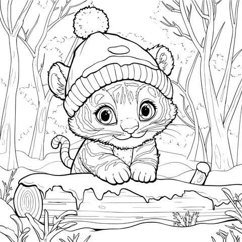 Dibujo para Colorear de un Adorable Tigre Pequeño en el Bosque de Invierno