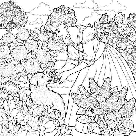 Lady and Dog in the Flower - bed