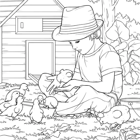 Boy interacting with chicks on the farm