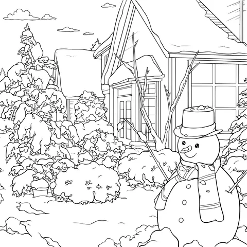 Snowman and Cottage in Winter