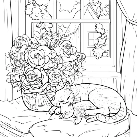 Cats Resting by the Window with Roses