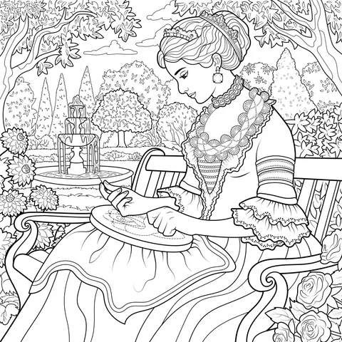 Lady embroidering in the garden