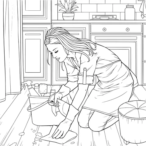 Woman mopping the floor in the kitchen