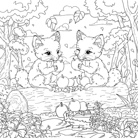 Two Foxes Eating Apples in the Forest