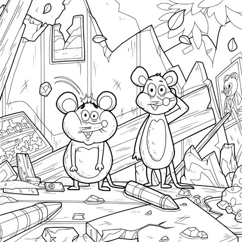 Mouse - themed Coloring Page: Happy Mice in Ruins