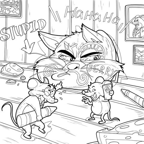 Funny Cat - Mouse Scene Coloring Page