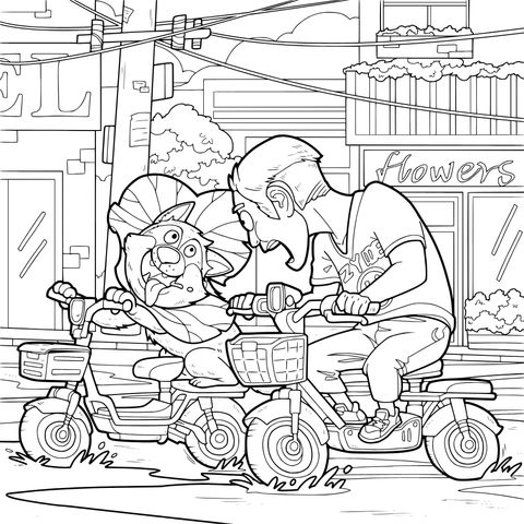 Fun Scene of Man and Pet Riding Bikes