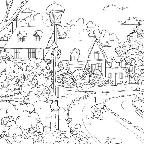 Winter Street Scene with a Puppy