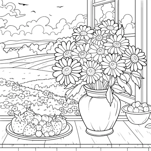 Flowers and Fresh Fruits by the Window Scene