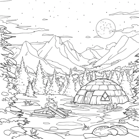 Igloo and Campfire in the Snowy Night