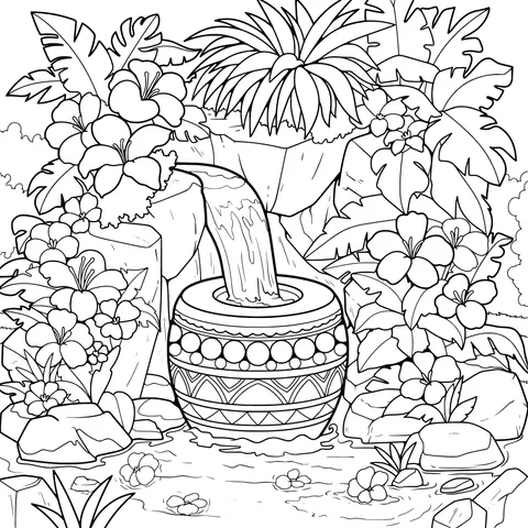 Decorative Waterfall Surrounded by Tropical Flowers