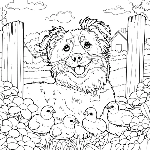 Dog and Chicks in the Countryside