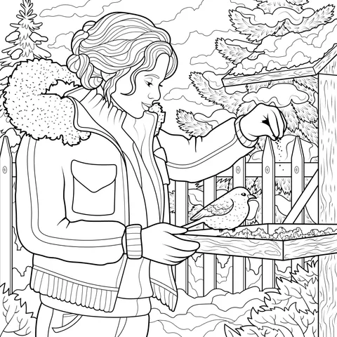 Woman feeding birds in winter