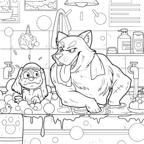 Coloring Page: Happy Bath - time for a Puppy and a Big Dog