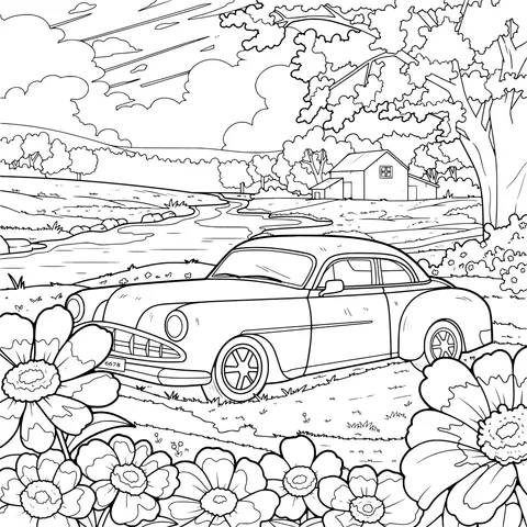 Vintage Car in a Springtime Countryside