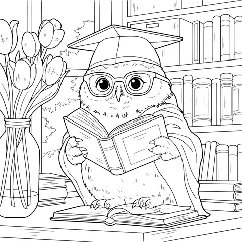 Owl Reading a Book with a Graduation Cap