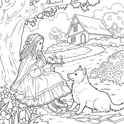 A Girl in Red and a White Dog in a Rural Scene