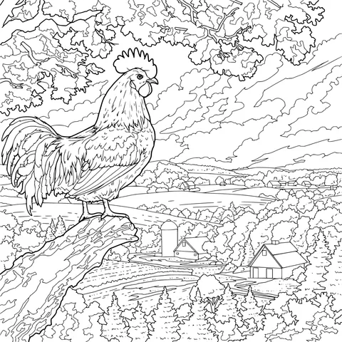 Rooster on a Branch and Rural Scenery