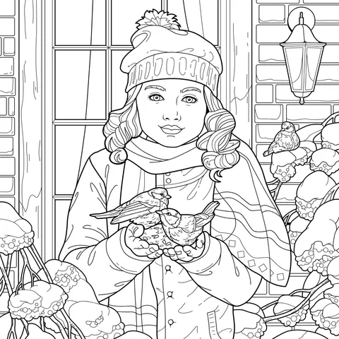 Girl and Birds in Winter