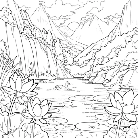 Beautiful Landscape of Mountains, Water and Lotus Pond
