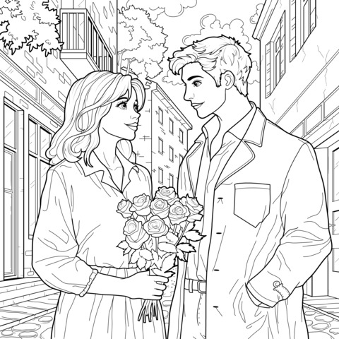 Romantic Street - Couple Coloring Page