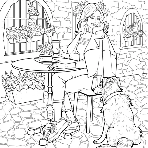 Woman enjoying drinks and desserts outdoors with her dog