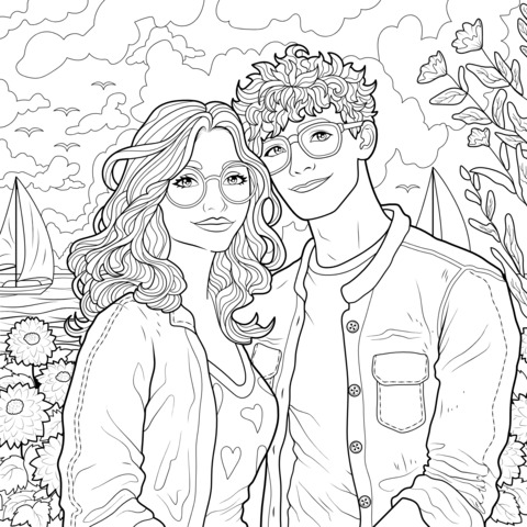 Romantic Couple Coloring Page Illustration