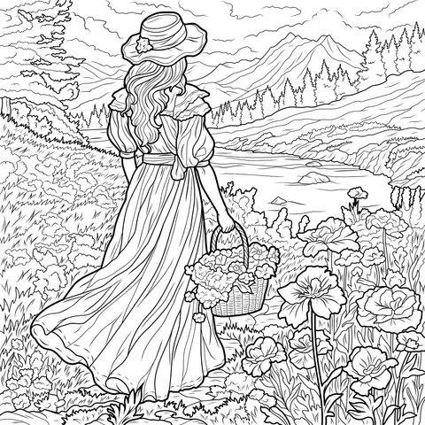 Woman Strolling in a Flower - Filled Field