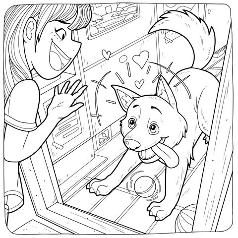 Coloring Page of a Girl and a Dog in a Heart - warming Interaction