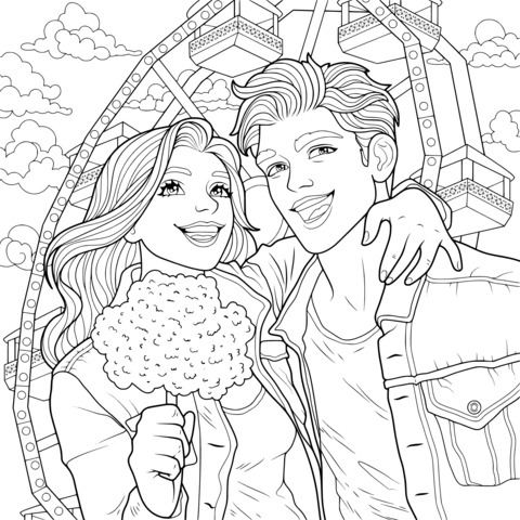 Sweet Couple at Amusement Park Coloring Page