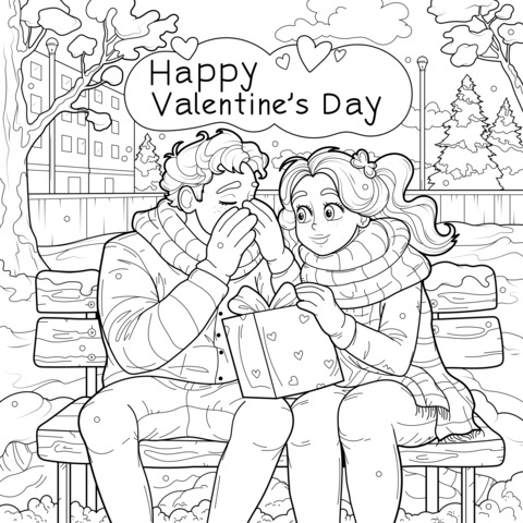 Valentine's Day Couple Coloring Page: Sweet Moment on a Winter Bench